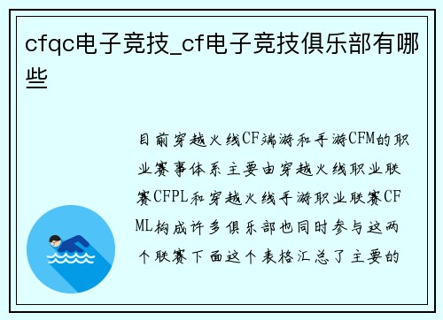 cfqc电子竞技_cf电子竞技俱乐部有哪些